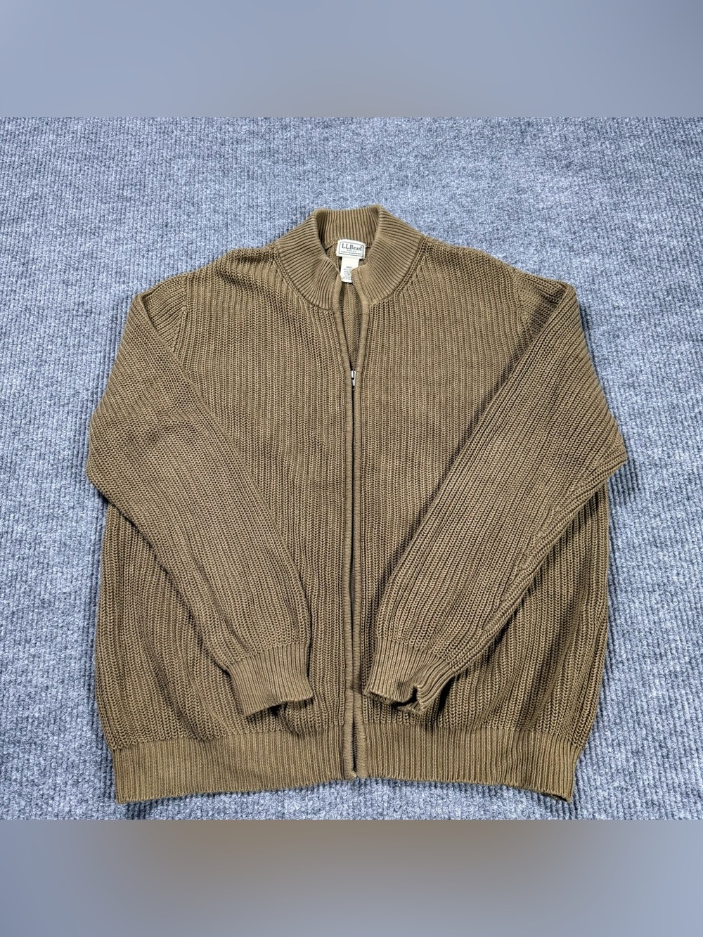 LL Bean Sweater Mens 2XL XXL Brown Full Zip Long Sleeve Ribbed Knit Jacket